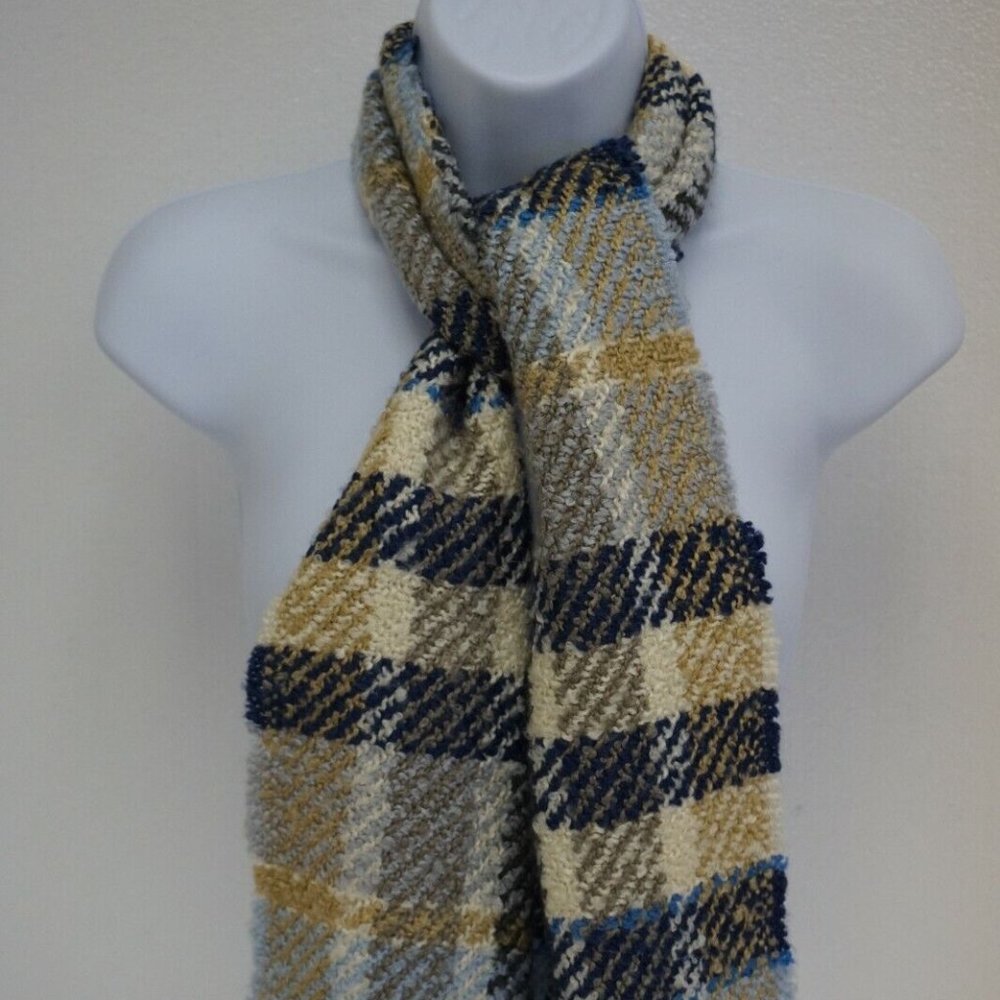 V. FRAAS GERMANY Scarf Blue Tan Cream Check Striped Fringe 56" X 9 Rectangle